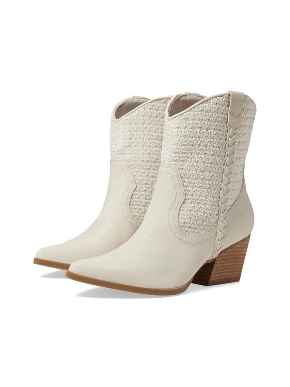 Dolce Vita Woven Crochet Western Ankle Boots Cream Pointed Toe Block Heel Size 8